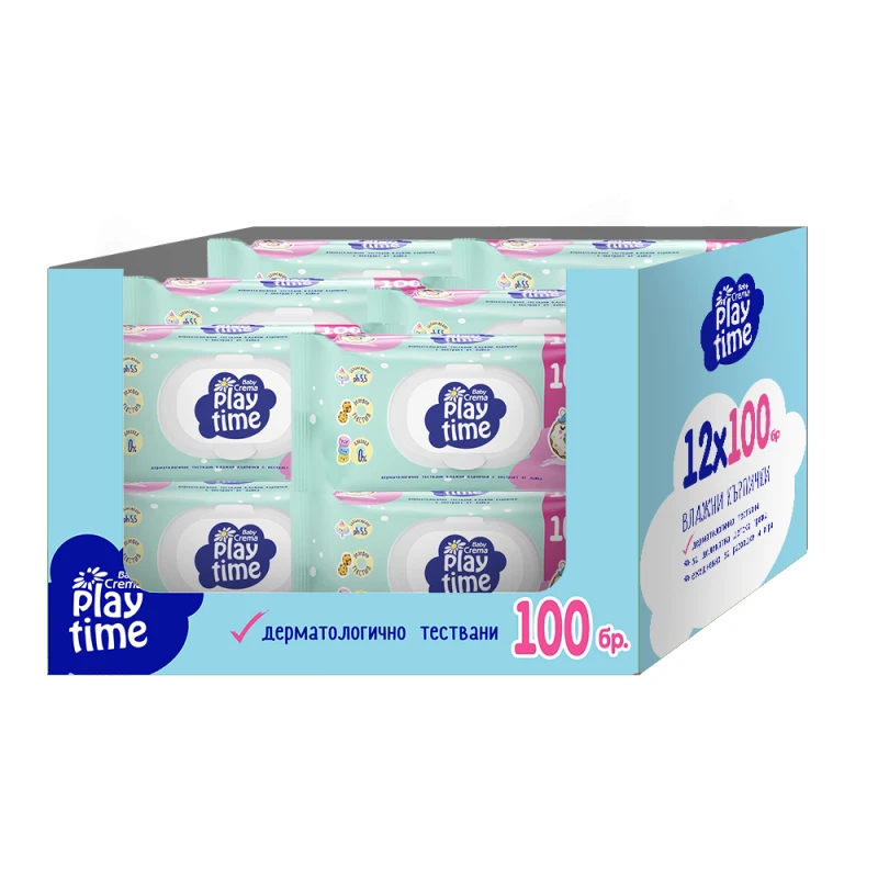  Комплект мокри къпрички Baby Crema Play Time, Зелени, 12х100бр 